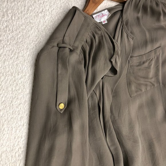 PARKER Women’s V Neck High Low Long Sleeve 100% Silk Blouse Green - Picture 3 of 9